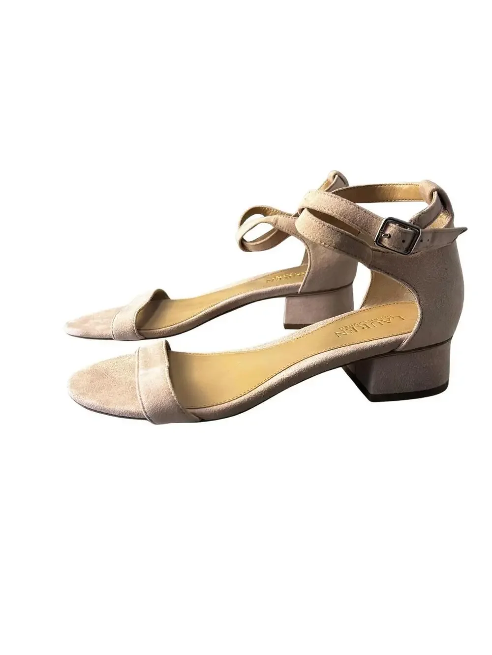 Lauren Ralph Lauren Soft Pink Suede Ankle Strap Block Heel Sandals
